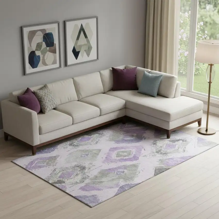Lavender Ivory And Gray Abstract Geometric Washable Area Rug With UV Protection Photo 2