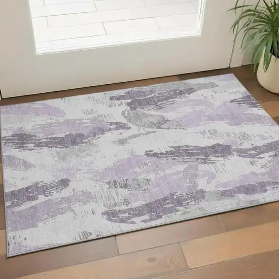 Lavender Ivory And Gray Abstract Washable Area Rug With UV Protection Photo 2