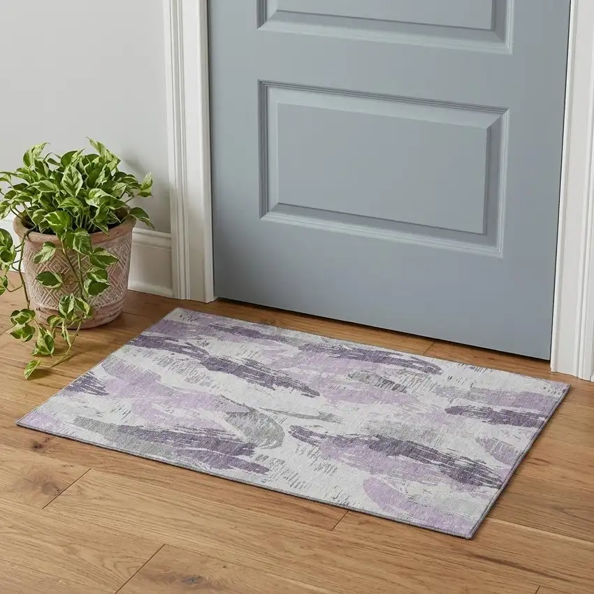 Lavender Ivory And Gray Abstract Washable Area Rug With UV Protection Photo 1