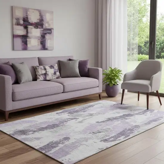 Lavender Ivory And Gray Abstract Washable Area Rug With UV Protection Photo 2