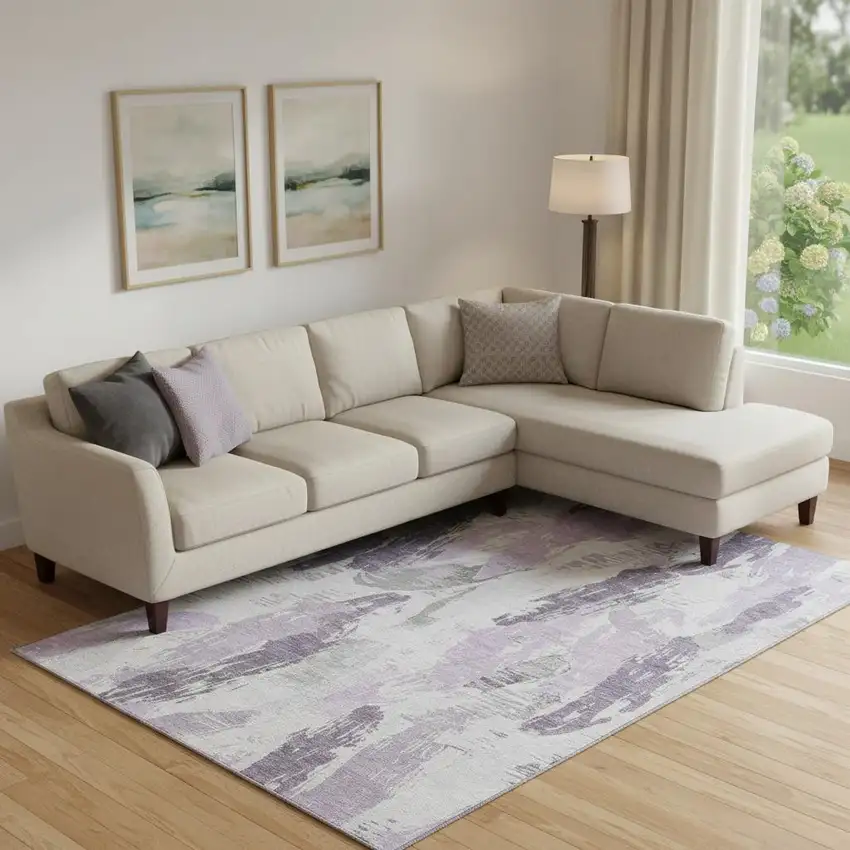 Lavender Ivory And Gray Abstract Washable Area Rug With UV Protection Photo 2