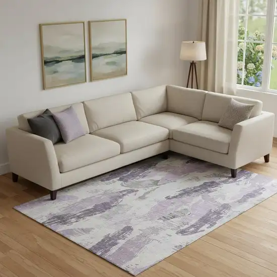 Lavender Ivory And Gray Abstract Washable Area Rug With UV Protection Photo 1
