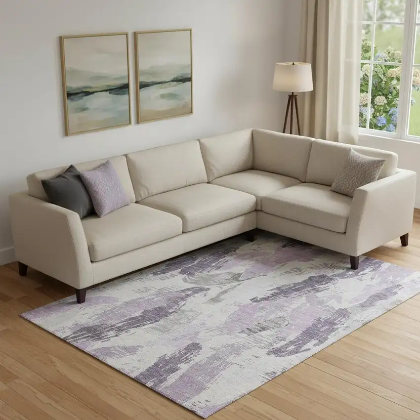 Lavender Ivory And Gray Abstract Washable Area Rug With UV Protection Photo 1