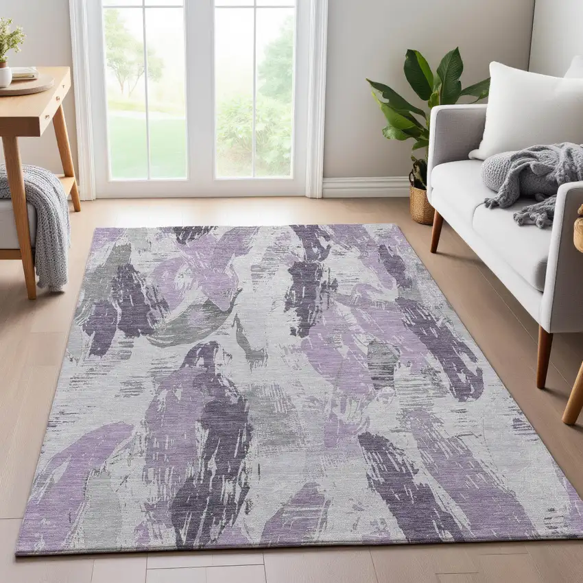 Lavender Ivory And Gray Abstract Washable Area Rug With UV Protection Photo 4