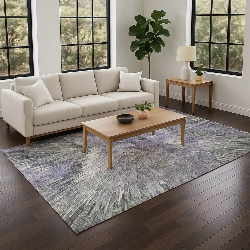 Lavender Ivory And Gray Abstract Washable Indoor Outdoor Area Rug Photo 9