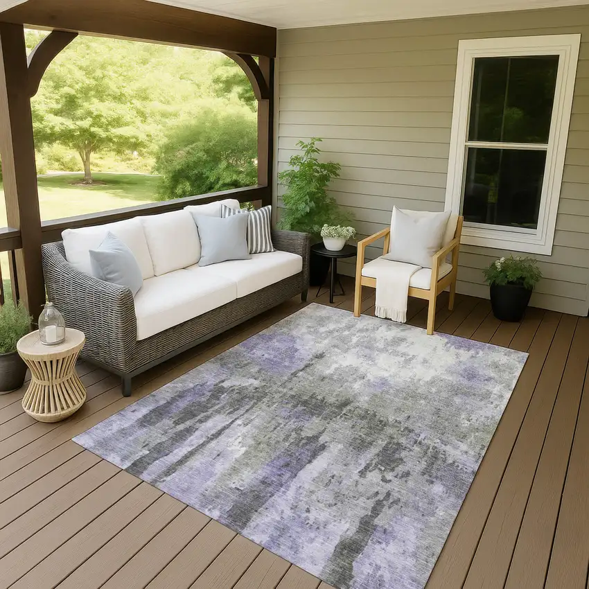 Lavender Ivory And Gray Abstract Washable Indoor Outdoor Area Rug Photo 7