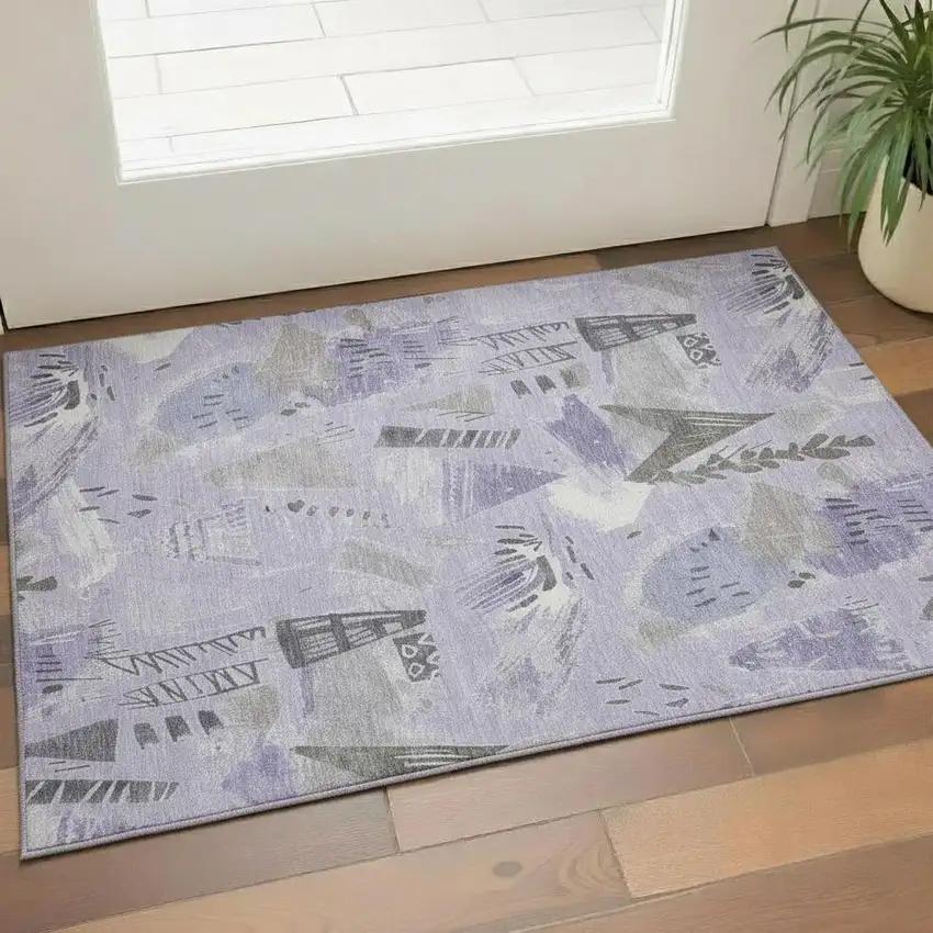 Lavender Ivory And Gray Geometric Washable Area Rug With UV Protection Photo 2