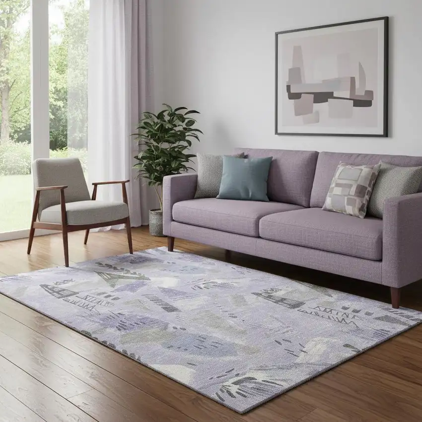 Lavender Ivory And Gray Geometric Washable Area Rug With UV Protection Photo 2