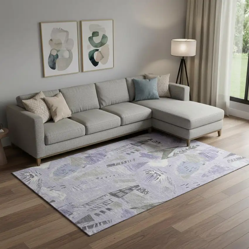 Lavender Ivory And Gray Geometric Washable Area Rug With UV Protection Photo 2