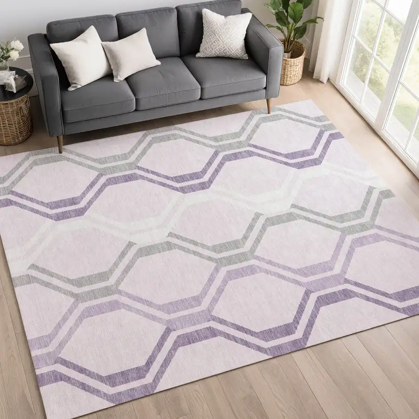 Lavender Ivory And Gray Geometric Washable Indoor Outdoor Area Rug Photo 9