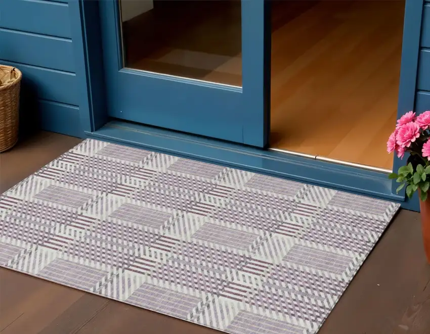 Lavender Ivory And Gray Plaid Washable Indoor Outdoor Area Rug Photo 1