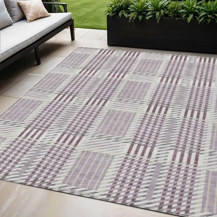 Lavender Ivory And Gray Plaid Washable Indoor Outdoor Area Rug Photo 1