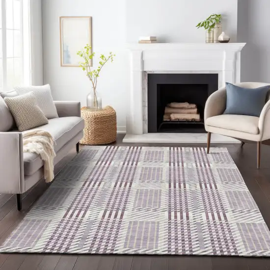 Lavender Ivory And Gray Plaid Washable Indoor Outdoor Area Rug Photo 9