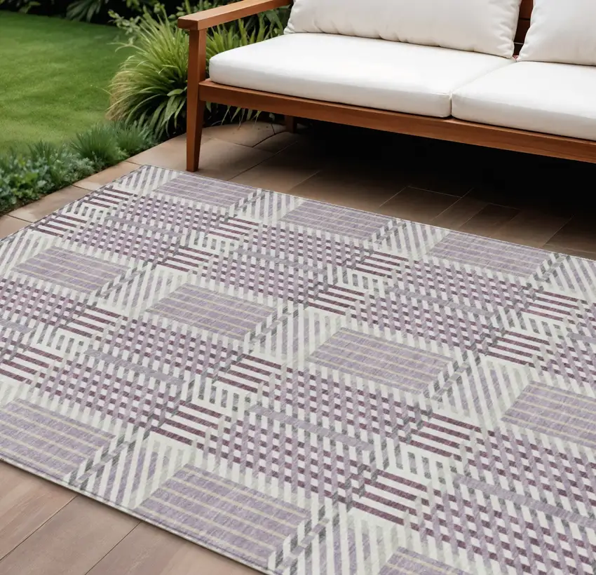 Lavender Ivory And Gray Plaid Washable Indoor Outdoor Area Rug Photo 1