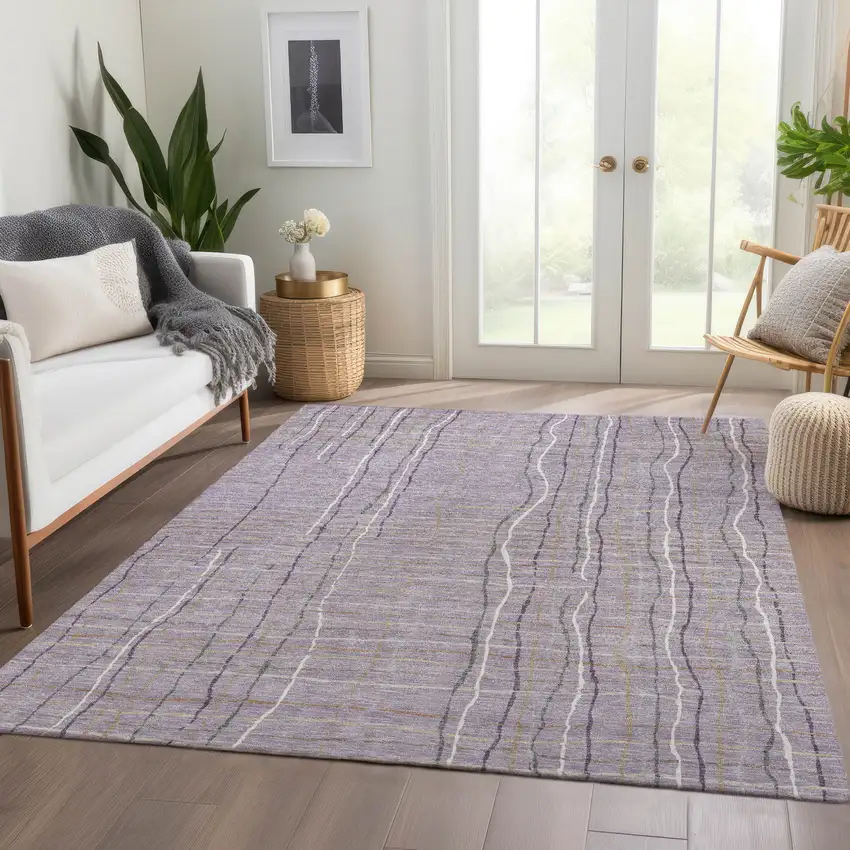 Lavender Ivory And Gray Striped Washable Area Rug With UV Protection Photo 1