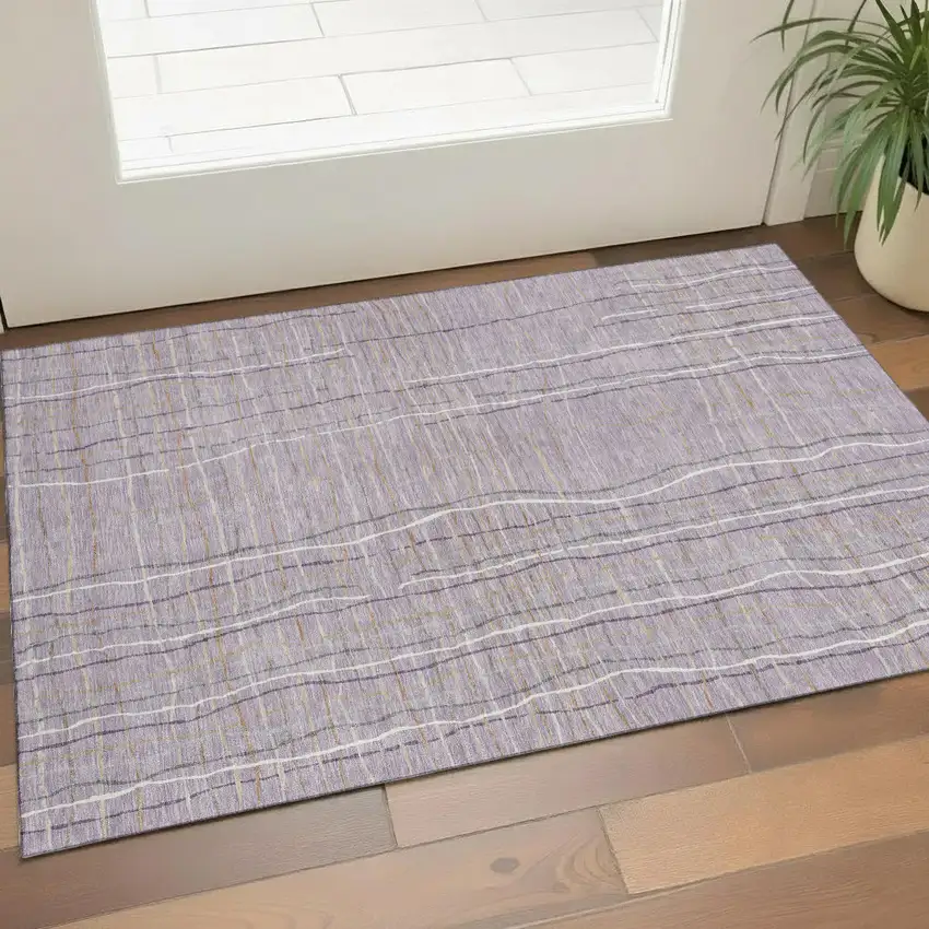 Lavender Ivory And Gray Striped Washable Area Rug With UV Protection Photo 1