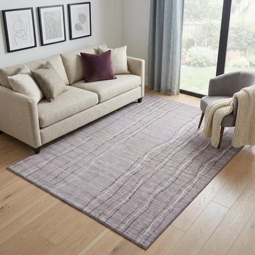 Lavender Ivory And Gray Striped Washable Area Rug With UV Protection Photo 1