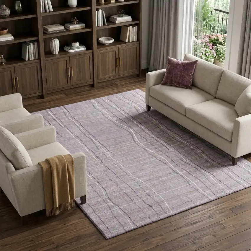 Lavender Ivory And Gray Striped Washable Area Rug With UV Protection Photo 1