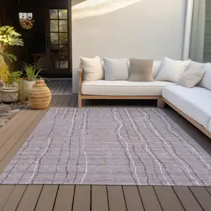 Photo of Lavender Ivory And Gray Striped Washable Indoor Outdoor Area Rug