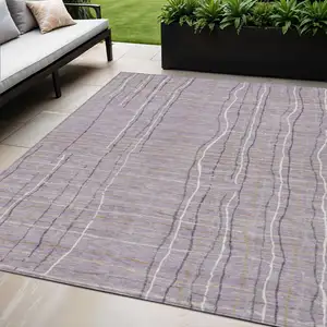 Photo of Lavender Ivory And Gray Striped Washable Indoor Outdoor Area Rug