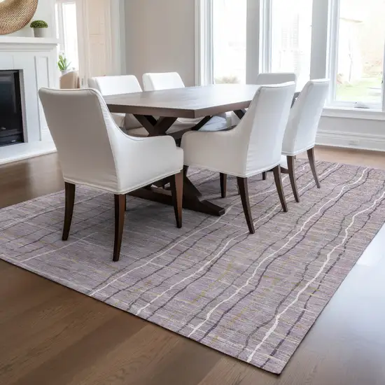 Lavender Ivory And Gray Striped Washable Indoor Outdoor Area Rug Photo 9