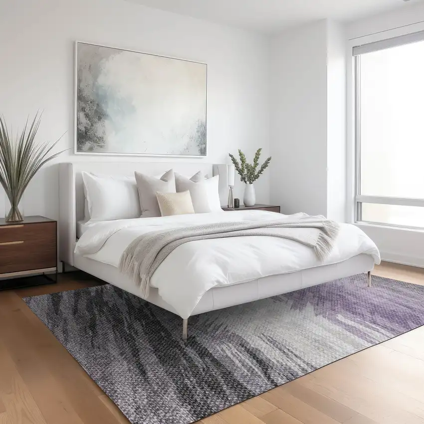 Lavender Ivory And Gray Striped Washable Indoor Outdoor Area Rug Photo 8