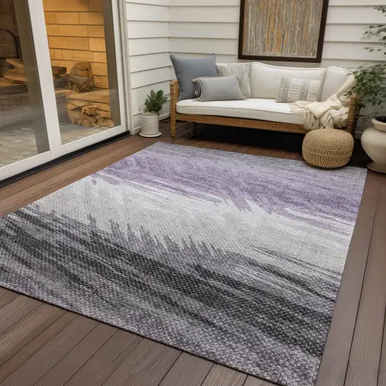 Lavender Ivory And Gray Striped Washable Indoor Outdoor Area Rug Photo 9