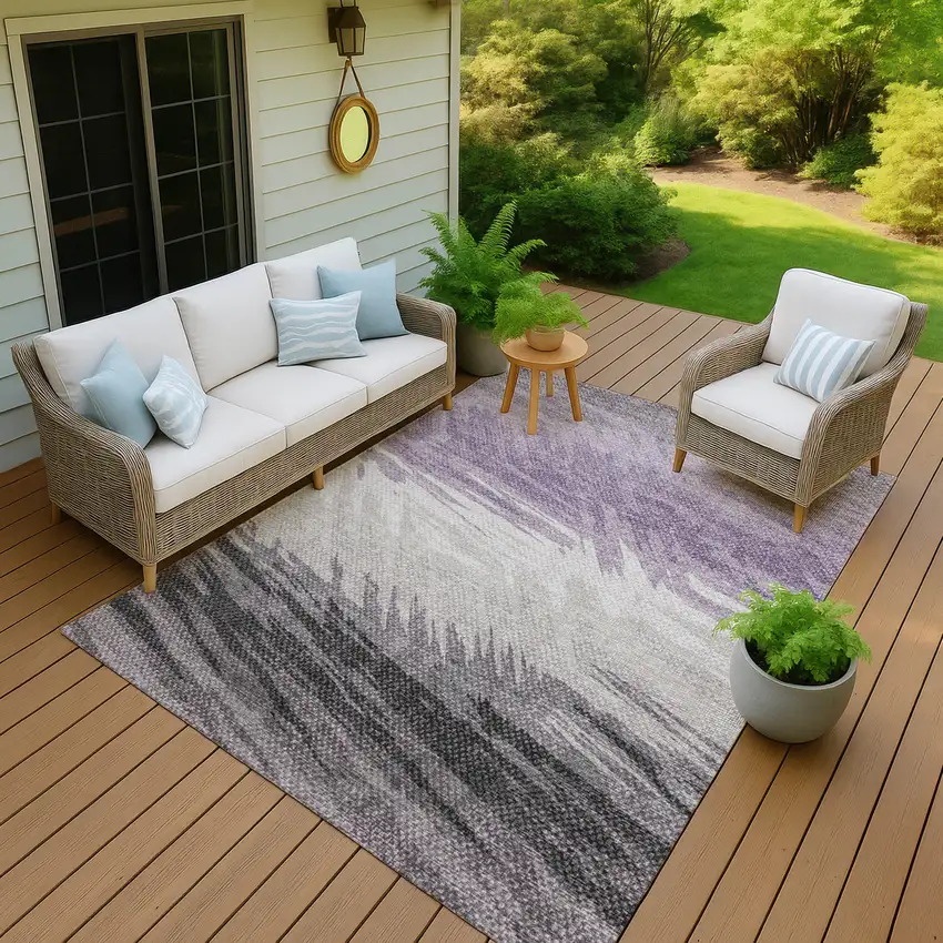 Lavender Ivory And Gray Striped Washable Indoor Outdoor Area Rug Photo 7