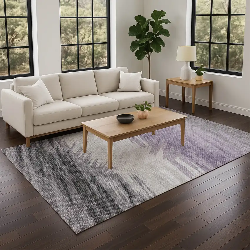 Lavender Ivory And Gray Striped Washable Indoor Outdoor Area Rug Photo 8