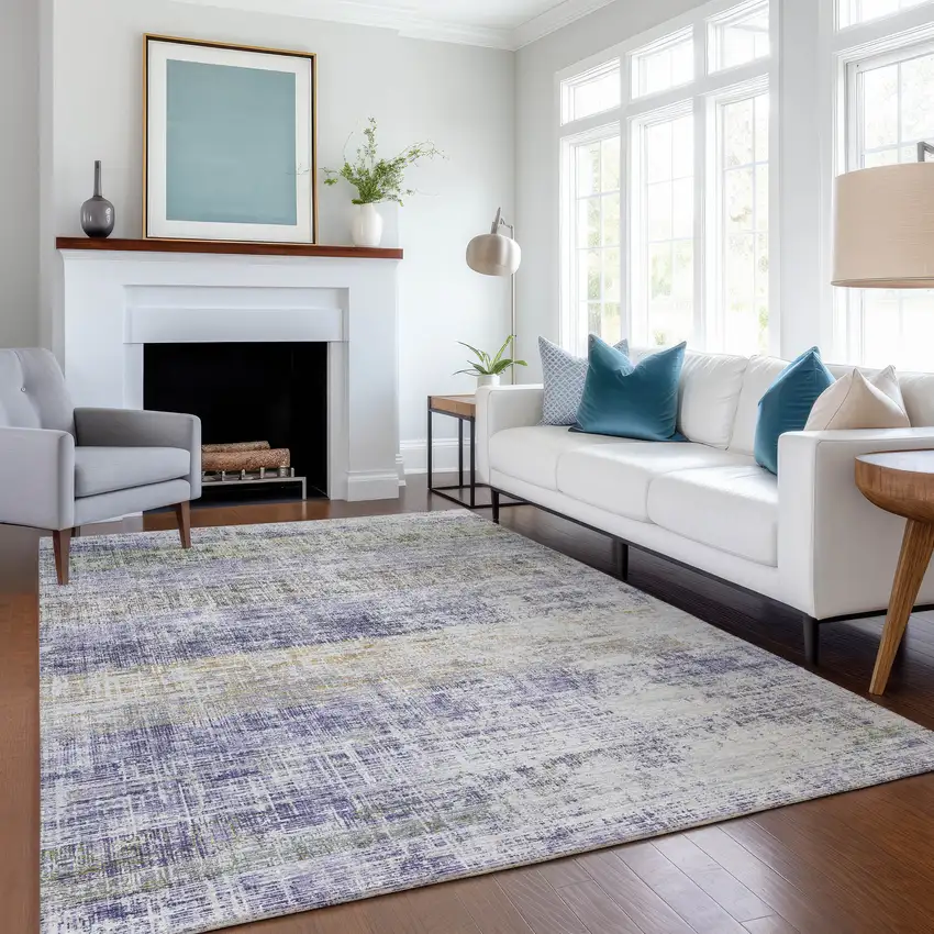 Lavender Ivory And Gray Striped Washable Indoor Outdoor Area Rug Photo 6