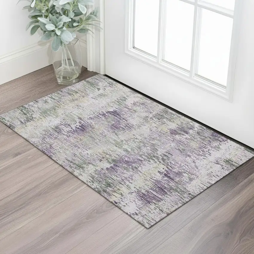 Lavender Ivory And Green Striped Washable Area Rug With UV Protection Photo 2