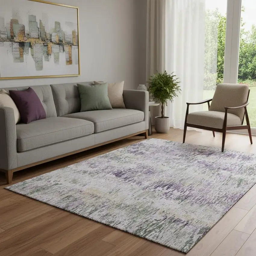 Lavender Ivory And Green Striped Washable Area Rug With UV Protection Photo 2