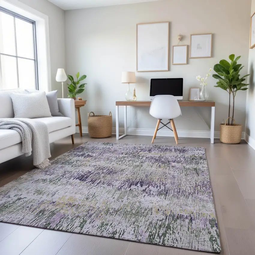Lavender Ivory And Green Striped Washable Area Rug With UV Protection Photo 4