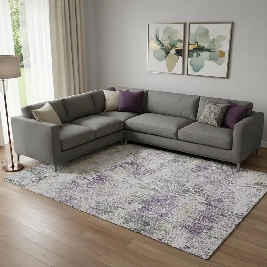 Lavender Ivory And Green Striped Washable Area Rug With UV Protection Photo 2