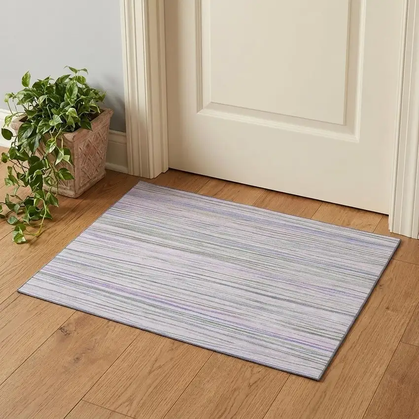 Lavender Ivory And Green Striped Washable Area Rug With UV Protection Photo 1