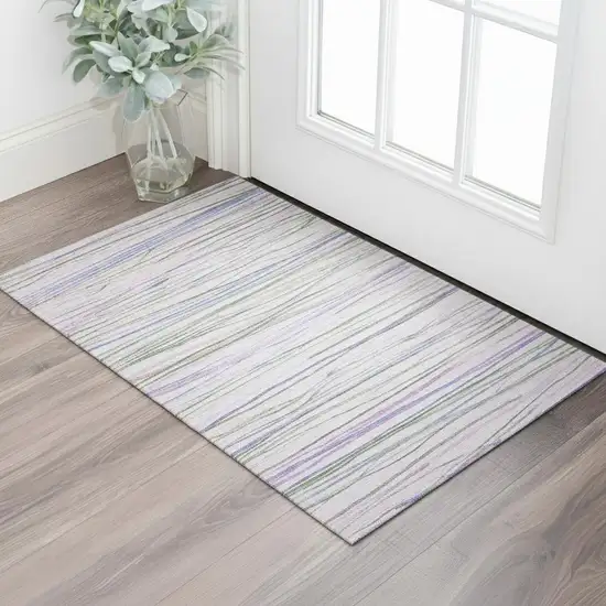 Lavender Ivory And Green Striped Washable Area Rug With UV Protection Photo 2