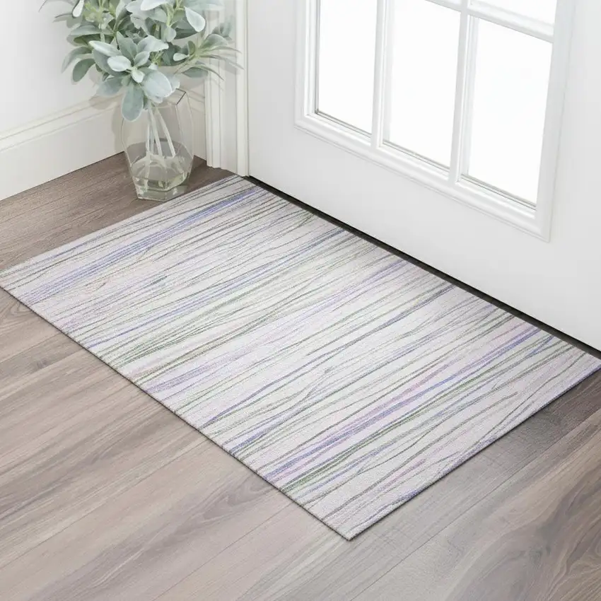 Lavender Ivory And Green Striped Washable Area Rug With UV Protection Photo 2