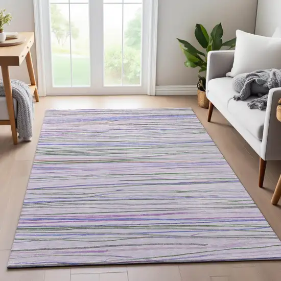 Lavender Ivory And Green Striped Washable Area Rug With UV Protection Photo 5