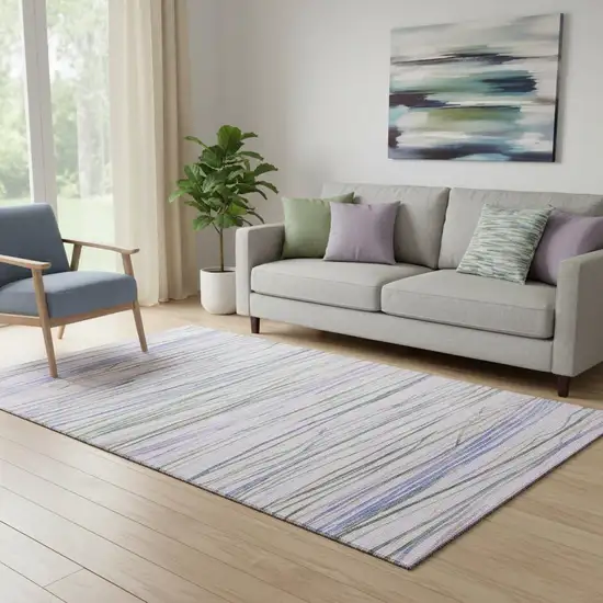 Lavender Ivory And Green Striped Washable Area Rug With UV Protection Photo 2