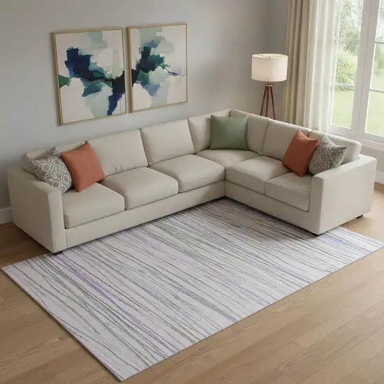 Lavender Ivory And Green Striped Washable Area Rug With UV Protection Photo 2