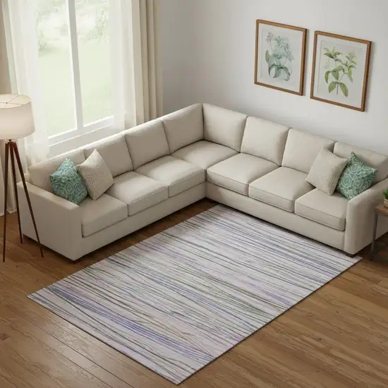 Lavender Ivory And Green Striped Washable Area Rug With UV Protection Photo 2