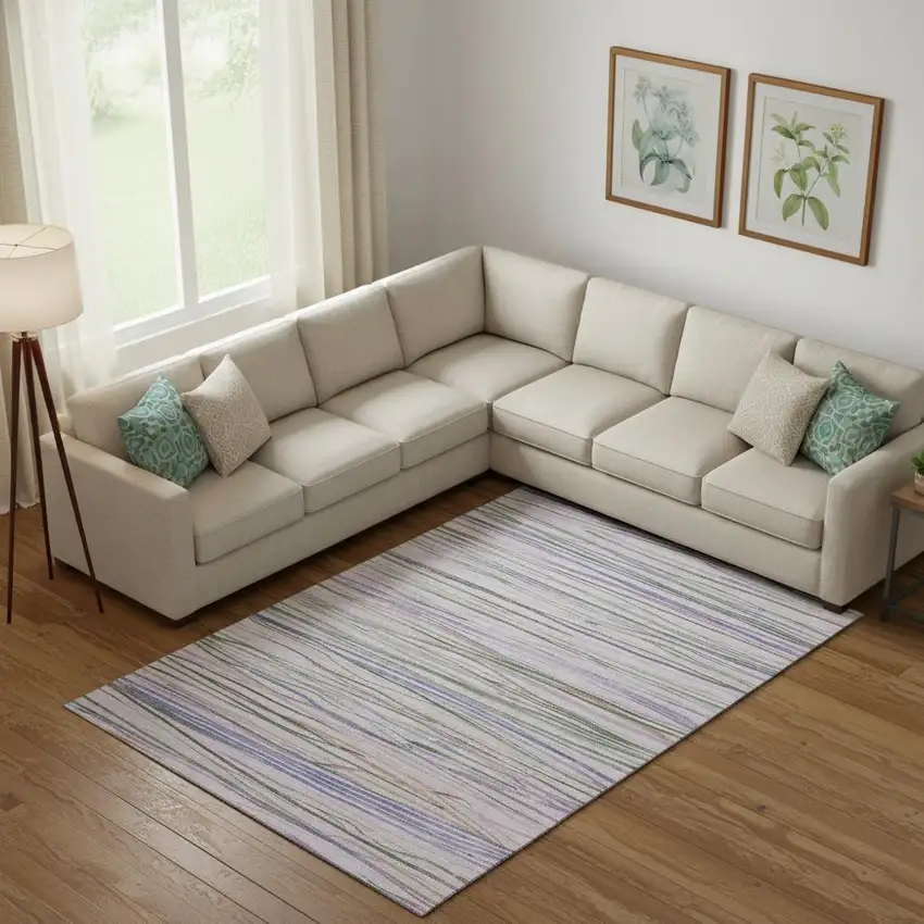 Lavender Ivory And Green Striped Washable Area Rug With UV Protection Photo 2