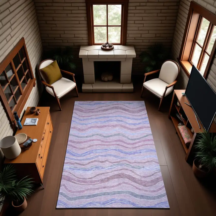 Lavender Ivory And Lilac Striped Washable Area Rug With UV Protection Photo 4