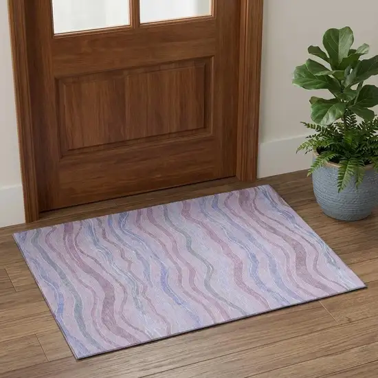 Lavender Ivory And Lilac Striped Washable Area Rug With UV Protection Photo 1