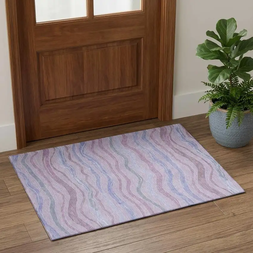 Lavender Ivory And Lilac Striped Washable Area Rug With UV Protection Photo 1