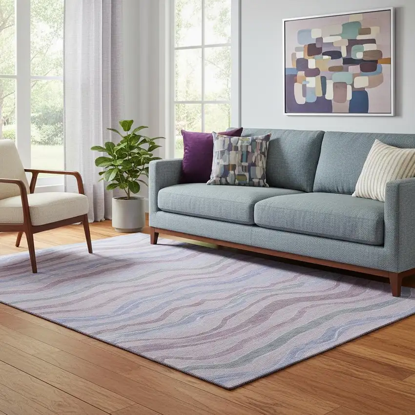 Lavender Ivory And Lilac Striped Washable Area Rug With UV Protection Photo 1