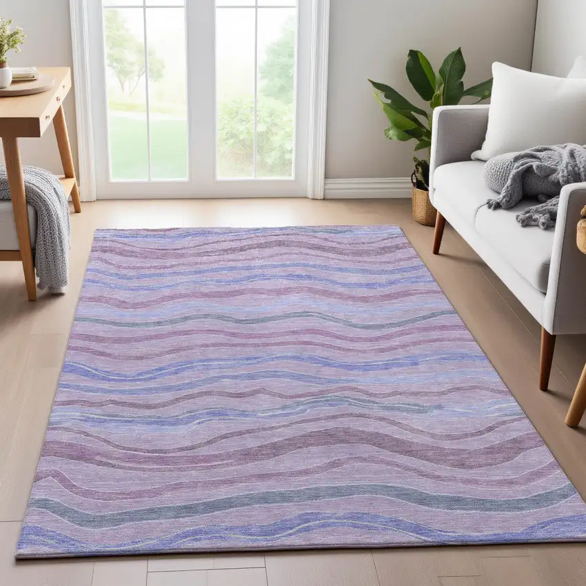 Lavender Ivory And Lilac Striped Washable Area Rug With UV Protection Photo 5
