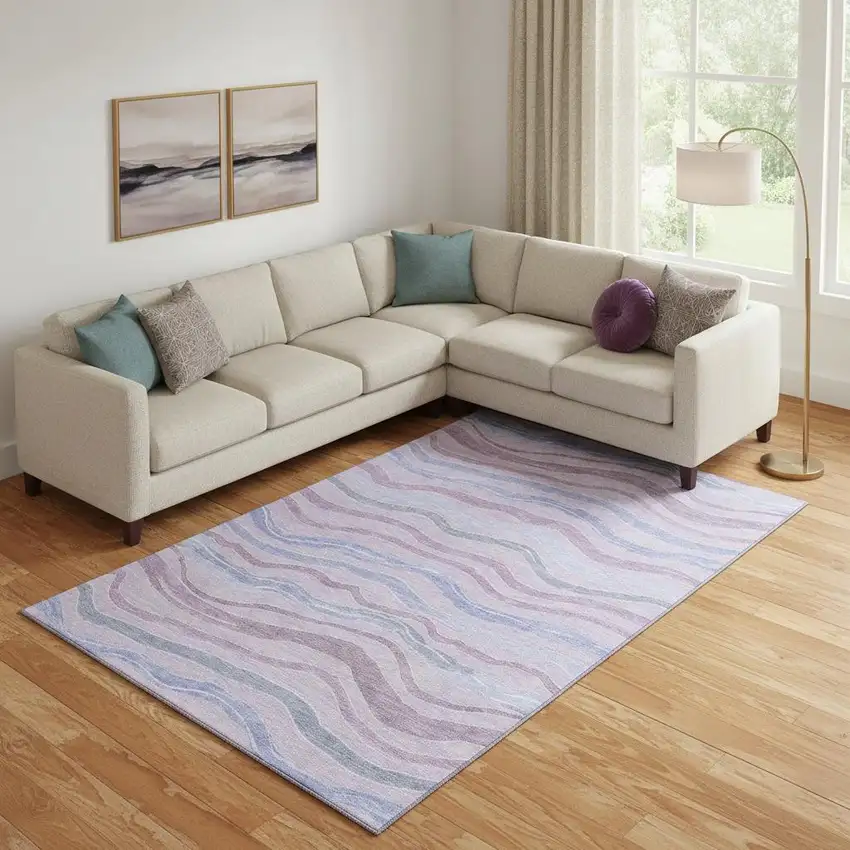 Lavender Ivory And Lilac Striped Washable Area Rug With UV Protection Photo 2