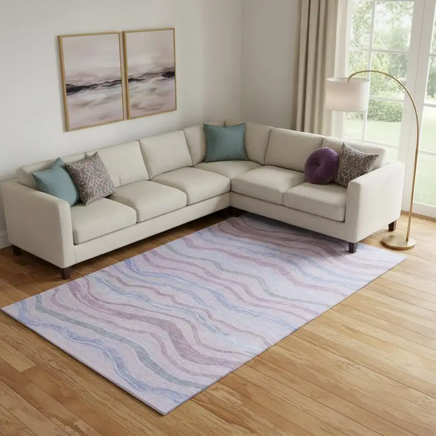 Lavender Ivory And Lilac Striped Washable Area Rug With UV Protection Photo 2