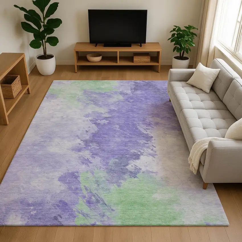 Lavender Ivory And Mint Green Abstract Washable Area Rug With UV Protection Photo 3